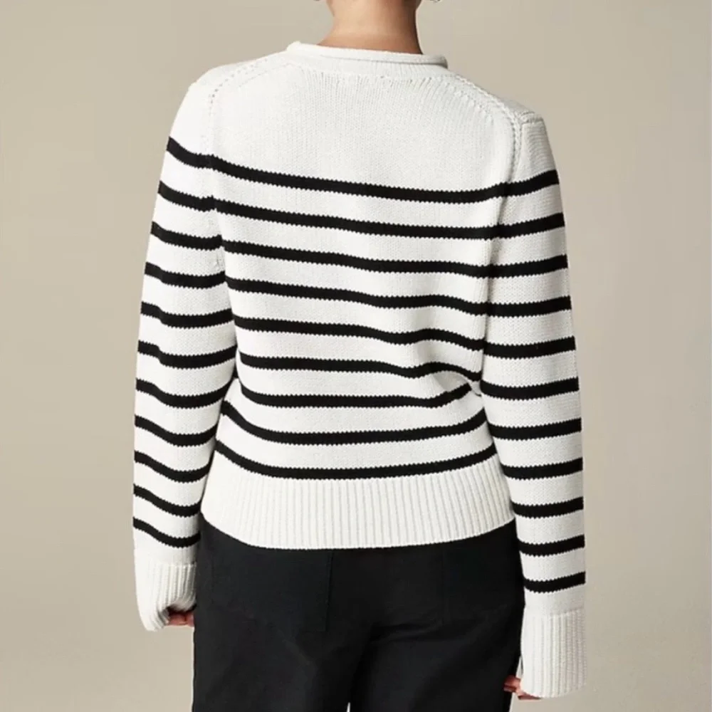 J. CREW Heritage Cotton Rollneck Sweater Stripe Ivory Black Small NWT - Picture 2 of 9